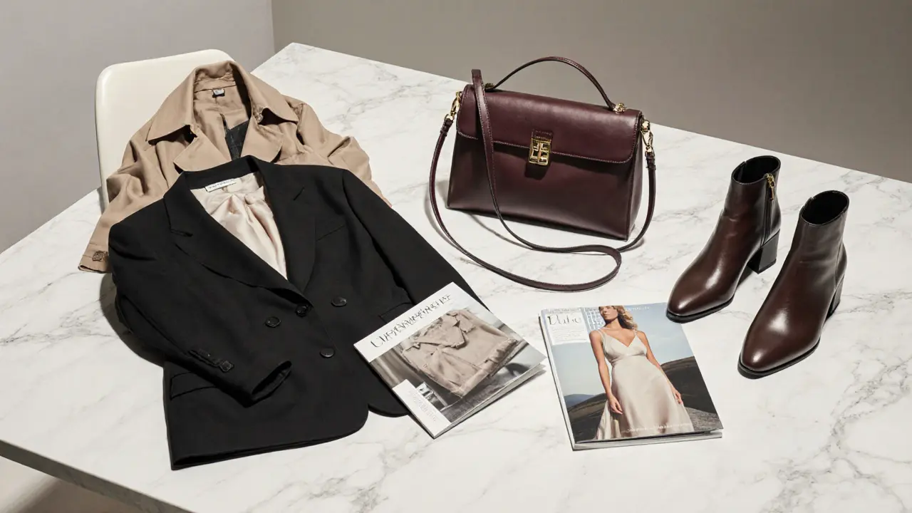 A marble surface displays a curated capsule wardrobe and a designer handbag.