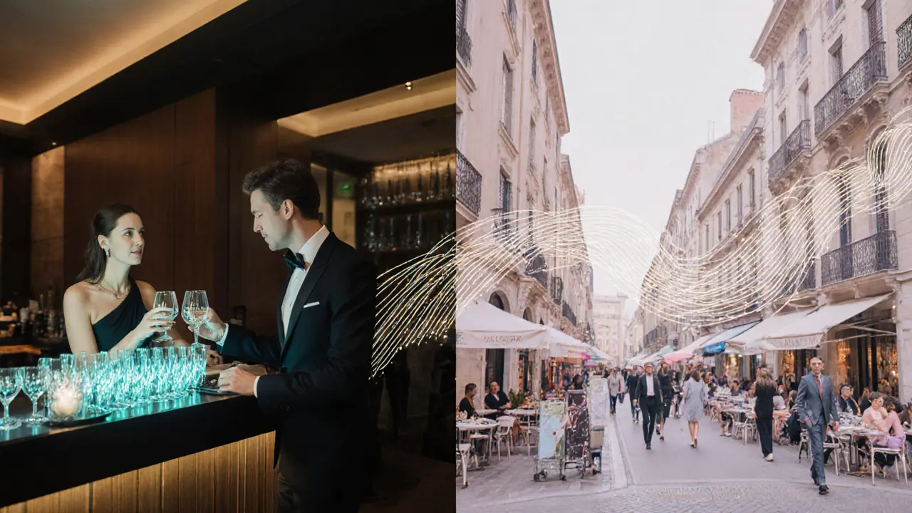 A split-scene shows an escort hosting a boutique hotel tasting and a vibrant Milan street, linked by glowing threads.