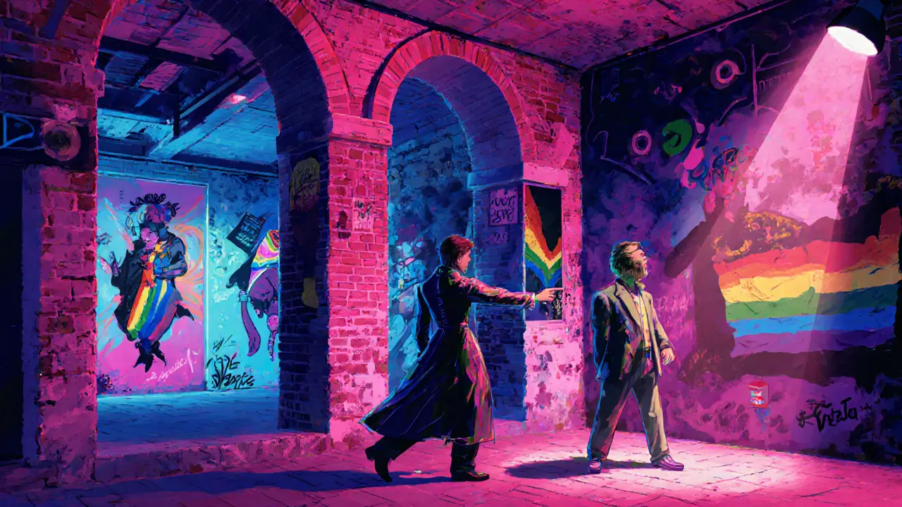 An escort guides a tourist through a colorful LGBTQ+ underground gallery in Milan.