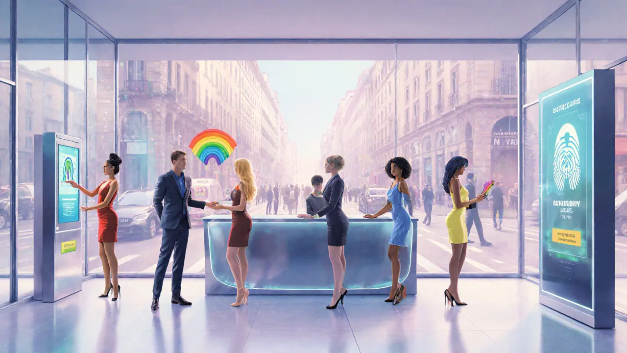 Bright hybrid agency office showing diverse escorts, biometric screens, and inclusive design.