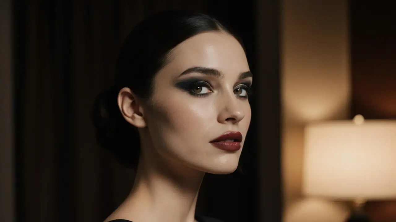 Close-up portrait of a woman with smoky eye makeup, matte lips, and an elegant up‑do.