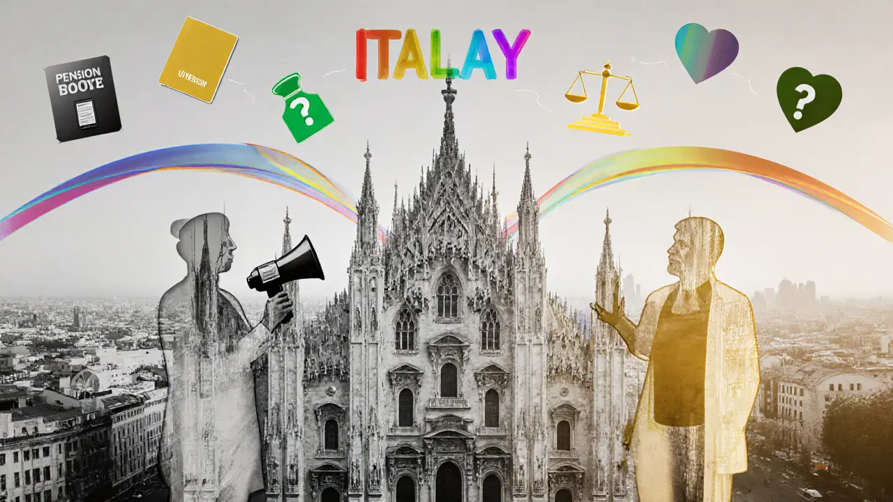 Collage of a parliament building, escort badge, activist megaphone, and hopeful symbols for future reforms.