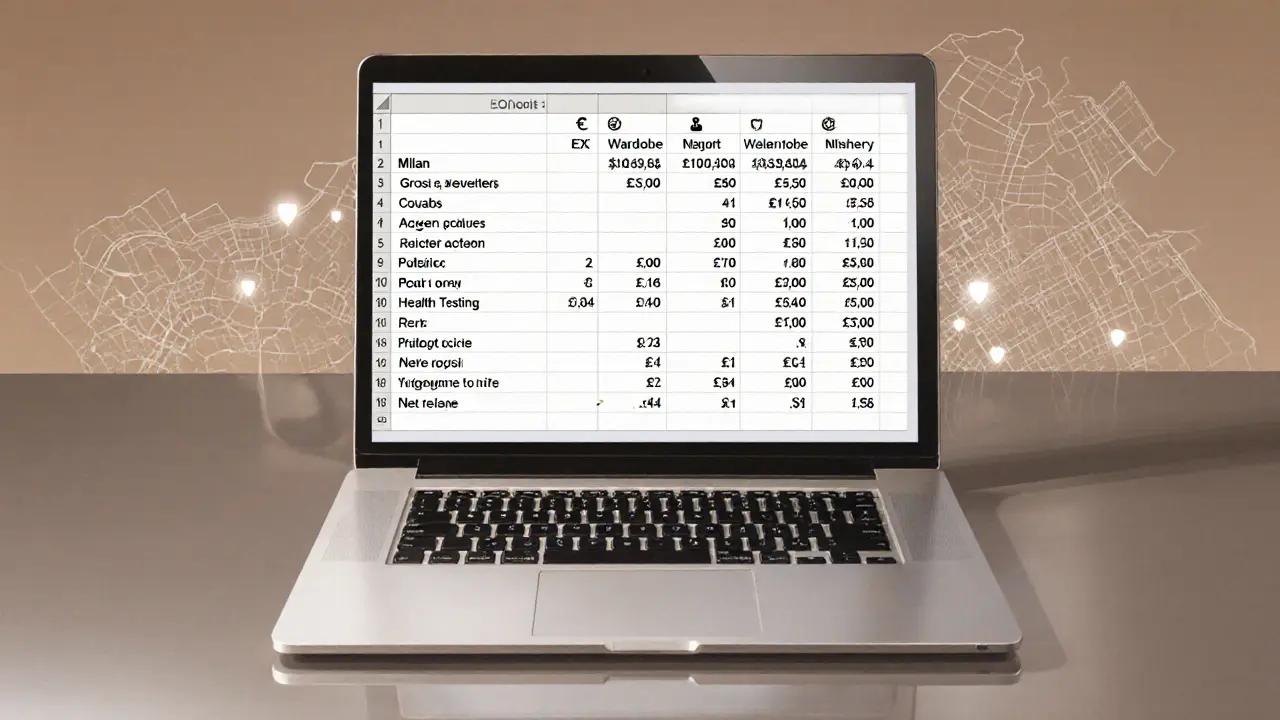 Desk view of a laptop displaying detailed financial figures for an escort's income and expenses.