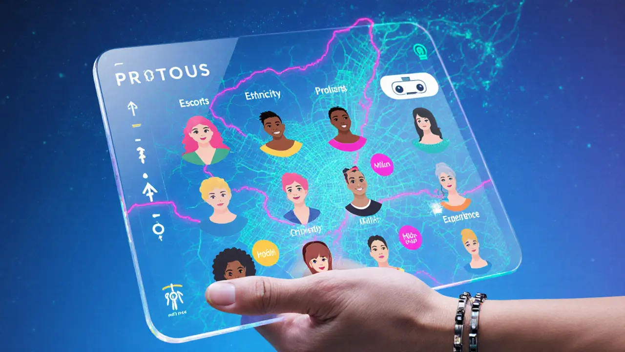 Digital tablet showing AI matchmaking avatars for escorts of varied identities, with holographic Milan map.
