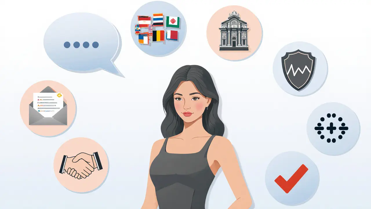 Editorial illustration showing a woman surrounded by icons of escort skills.