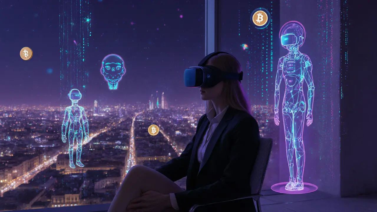 Escort wearing VR headset surrounded by holographic avatars and neon data streams in a loft.