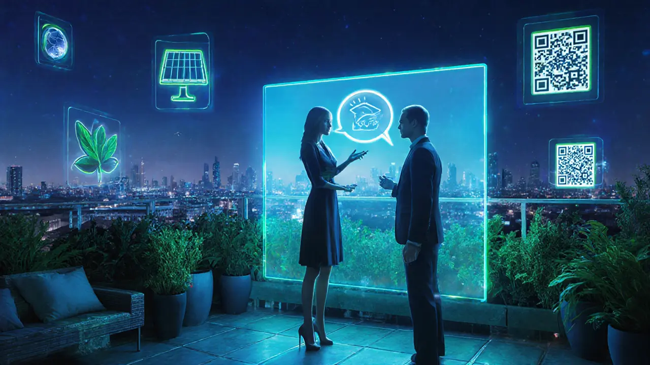 Futuristic rooftop garden scene with holographic video call and eco‑friendly symbols.