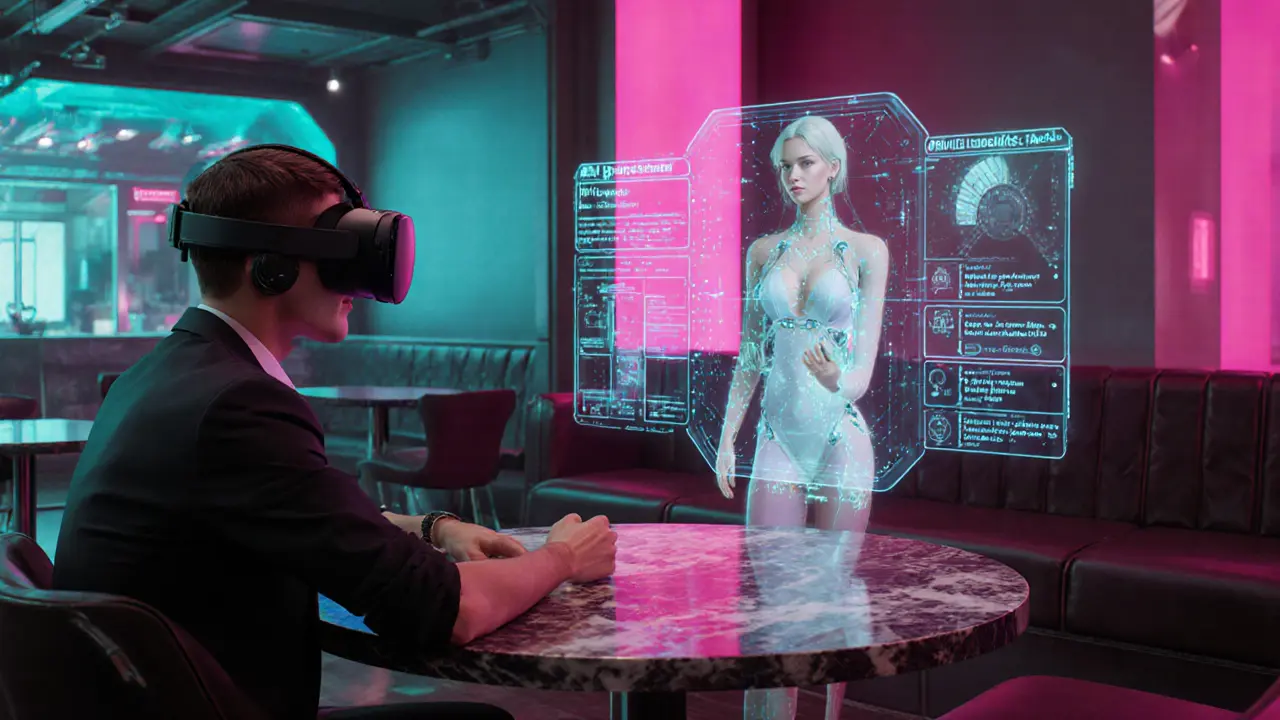 Futuristic VR café where a client meets a gender‑fluid avatar escort amid holographic data.