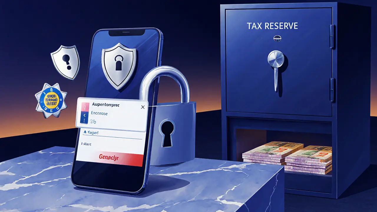 Illustration of safety tools and a secure vault representing tax savings for an escort in a modern apartment.