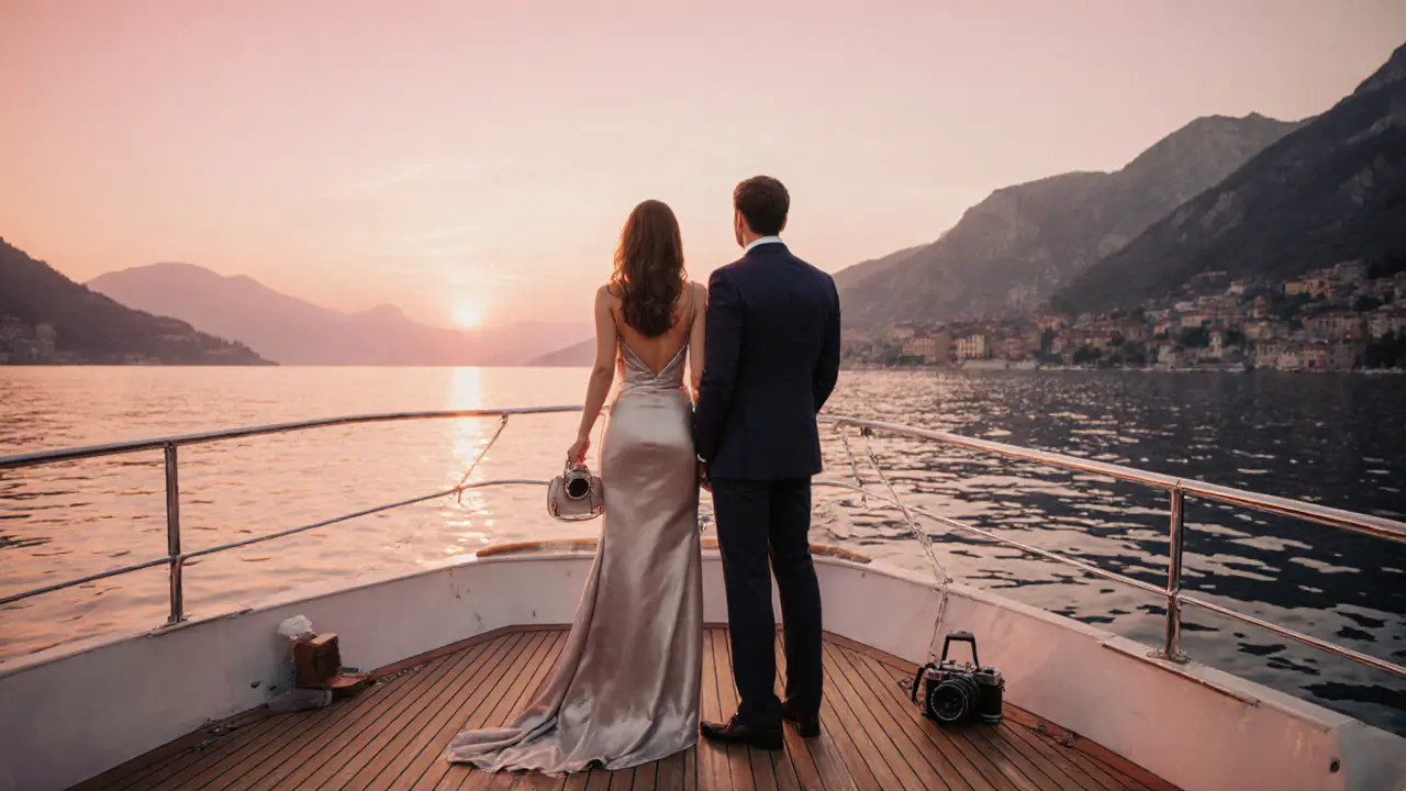 Luxury escort and client on a private yacht at sunset on Lake Como, illustrating high‑end service.