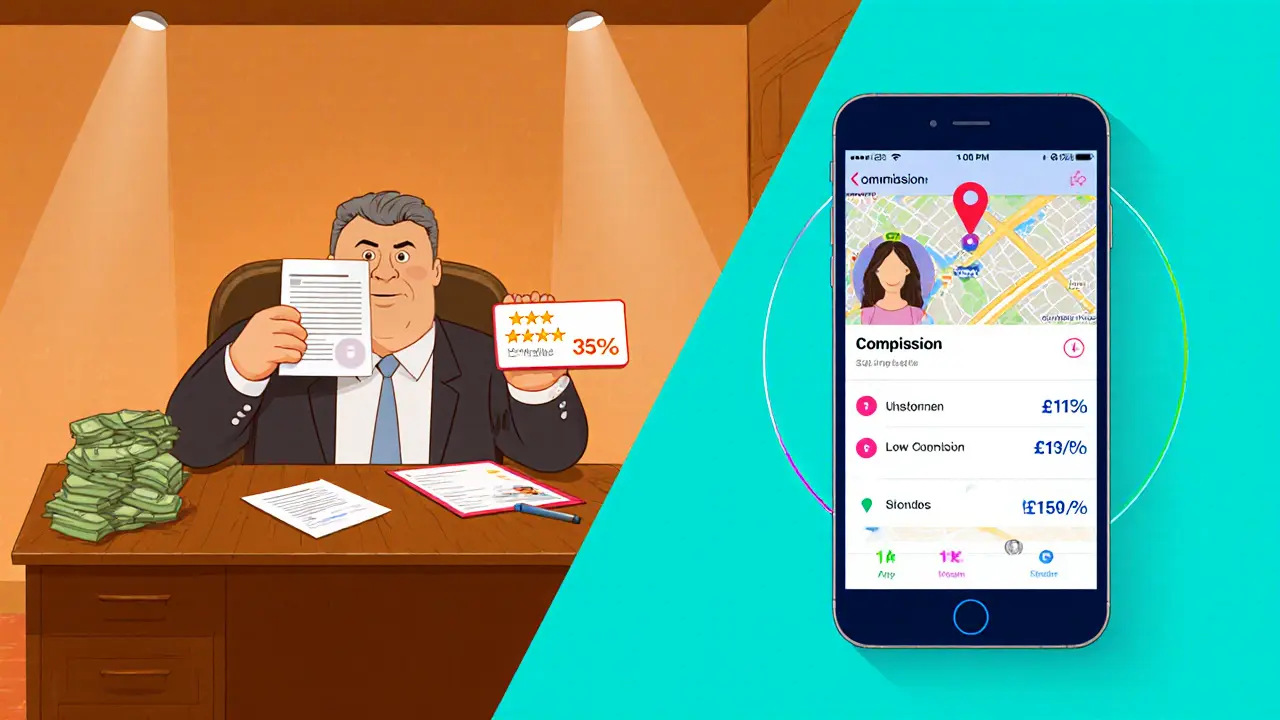 Split illustration showing traditional agency office versus modern gig platform app on a phone.