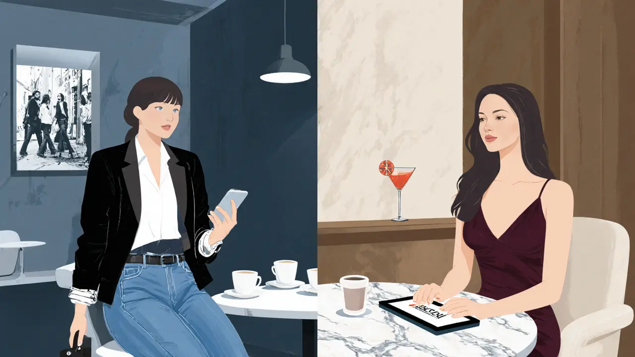 Split scene showing an independent escort arranging a meeting and an agency escort in a hotel lounge.