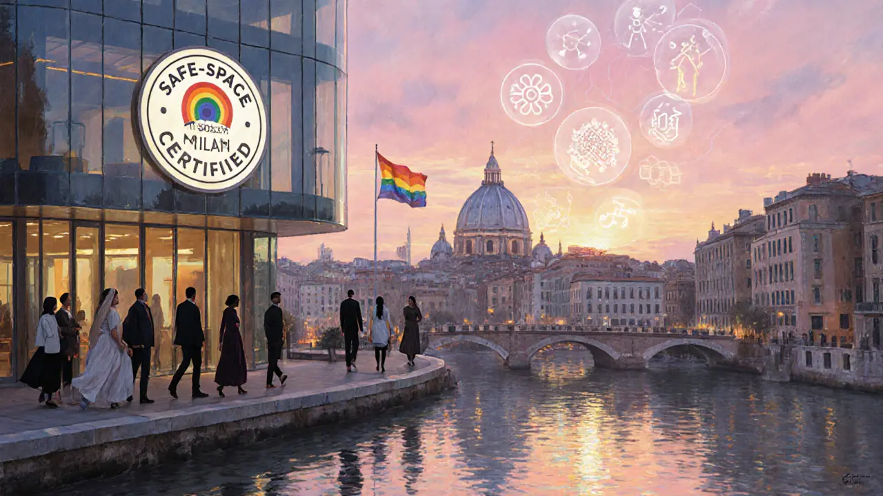 Sunrise rooftop view of Milan with safe‑space certified building, rainbow flag, and diverse silhouettes.