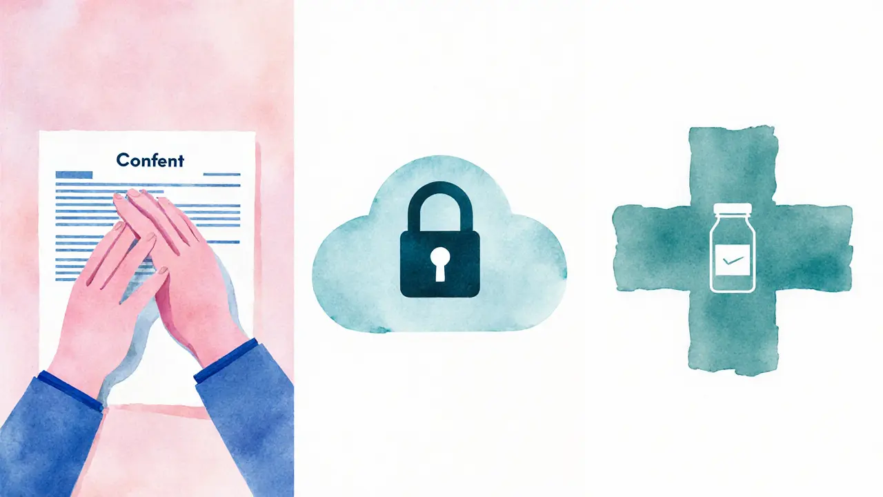 Three watercolor panels showing consent handshake, privacy lock, and health cross symbols.